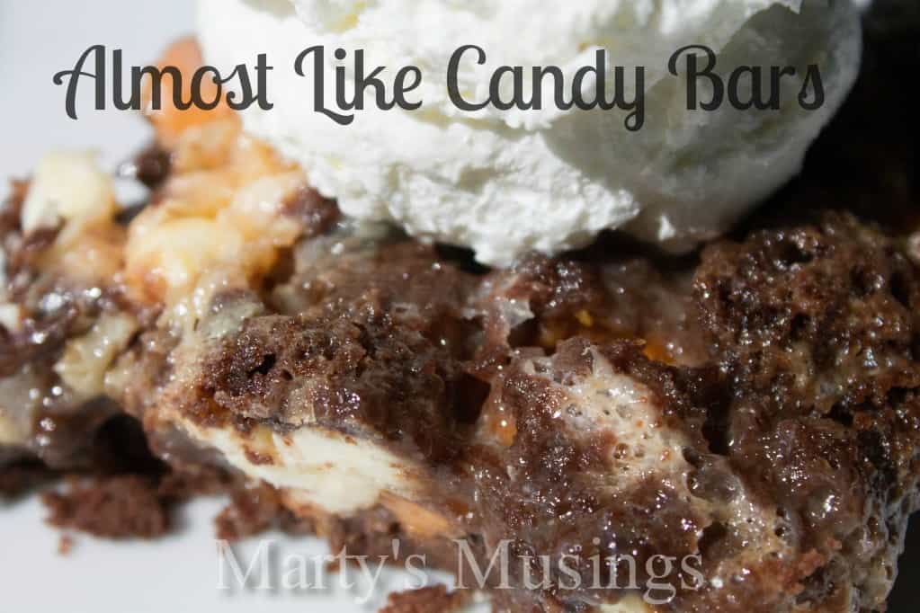 Almost Like Candy Bars chocolate/butterscotch/heath bits dessert topped with whipped cream