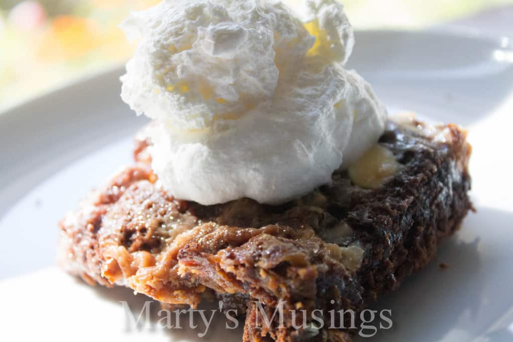 chocolate brownie mixture topped with whipped topping on a white plate