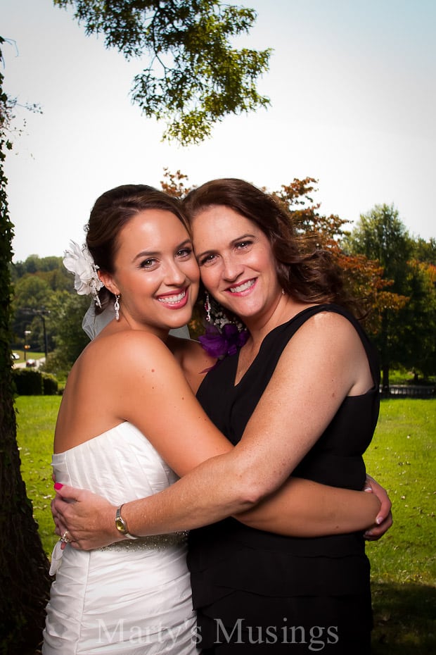 Mother and daughter outside on wedding day