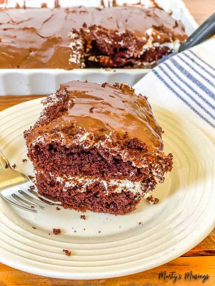 Beginning with a boxed mix, this Chocolate Twinkies Cake recipe is both easy and delicious! Everyone will RAVE abou it and ask for seconds! A piece of cake on a plate, with Chocolate Cream Cake