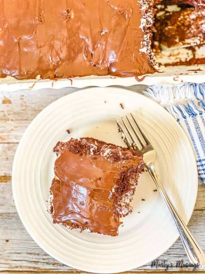 Chocolate Twinkies Cake sliced on plate with a fork