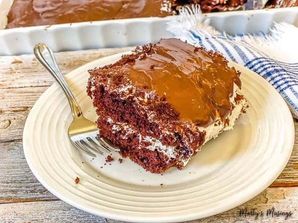 Chocolate cream filled cake on plate