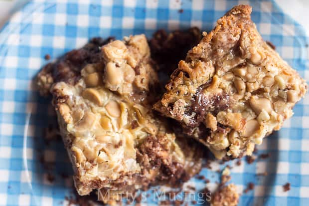 Cake Mix Chocolate Chip Bars on blue plaid plate