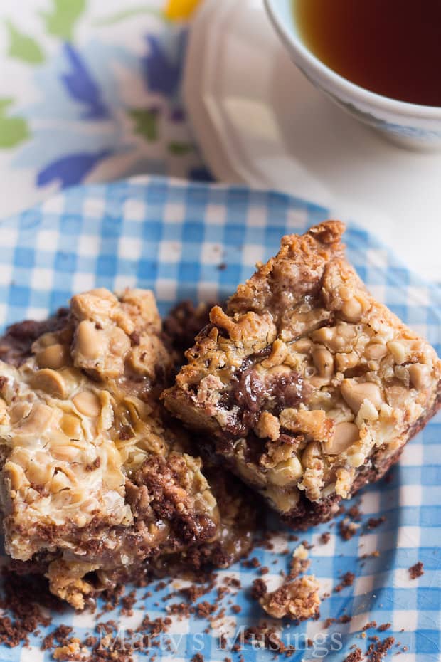 Chocolate layer bars on a blue plaid plate