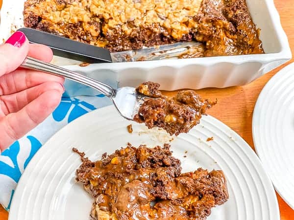 Cake Mix Chocolate Chip Bars on fork and white plate