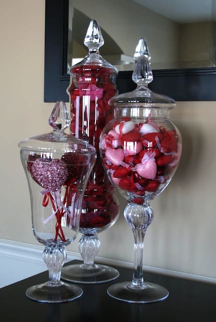 Apothecary jars filled with valentine candy