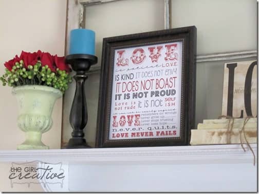 Mantel decorated with printable in frame for Valentine's Day