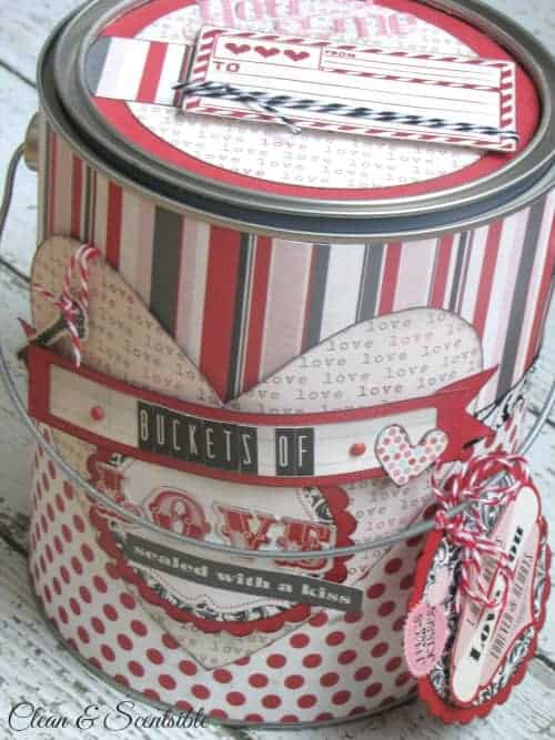 Mini paint buckets decorated with paper for Valentine's Day