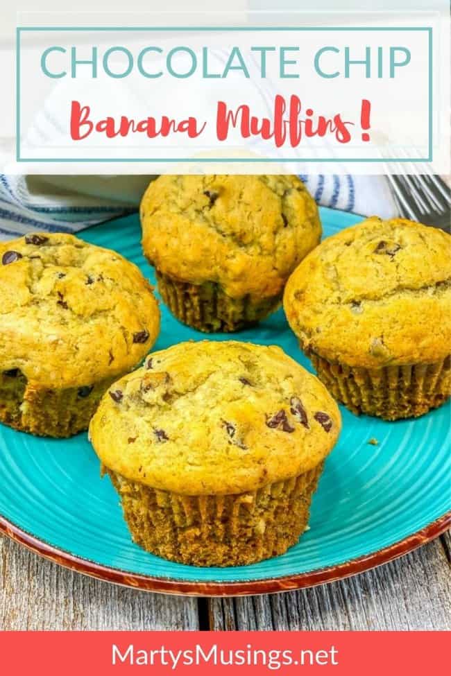 four chocolate chip banana bread muffins on blue plate