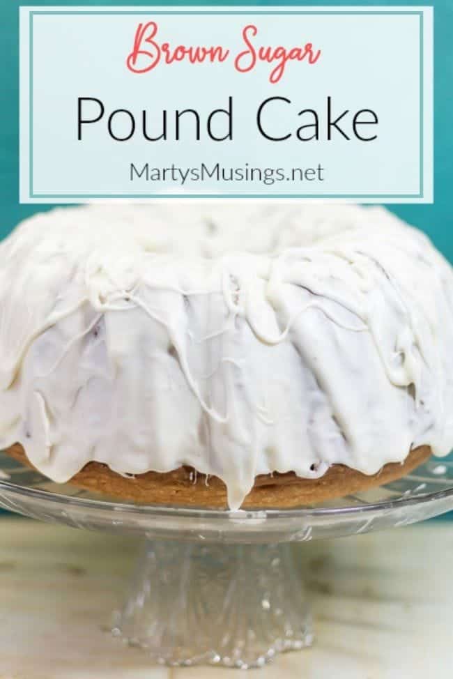 brown sugar pound cake on crystal cake stand