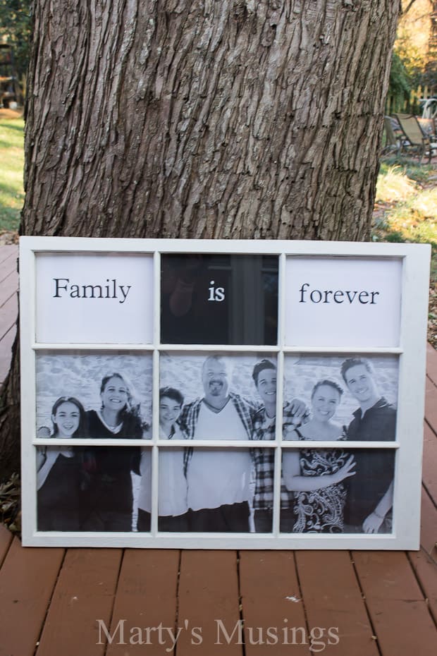 This DIY tutorial from Marty's Musings takes a cast off window and an engineering print sized family picture and turns them into an old window photo frame celebrating family.