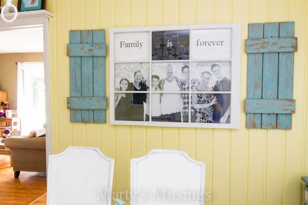 Photo Frame made with fence boards and an old window from Marty's Musings