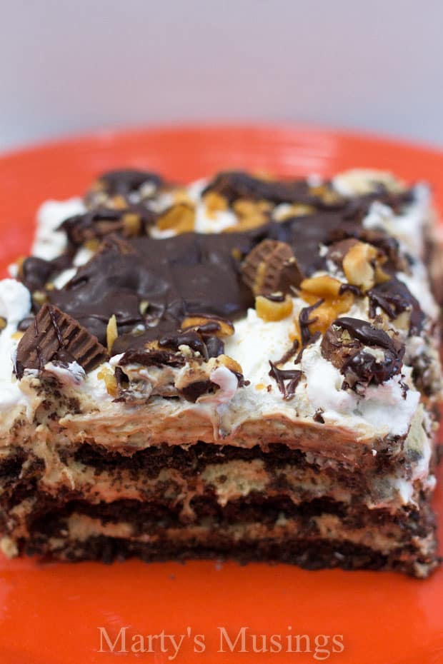 A piece of chocolate cake on a plate, with Peanut butter cup