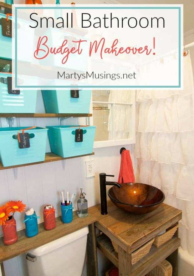 This small bathroom remodel combines frugal tips on storage with DIY repurposing projects while creating a rustic, one of a kind space.