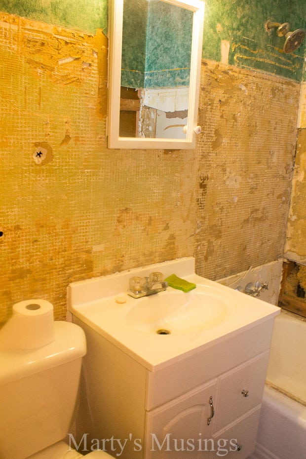 Bathroom with sheetrock and tile removed