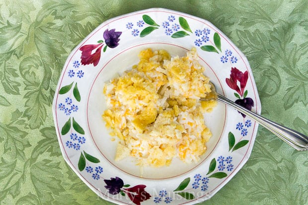 A plate of food on a table, with Casserole and Chicken