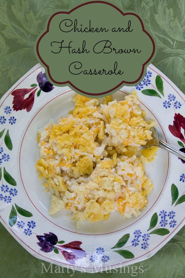 This familiar chicken and hash brown casserole is a favorite for potlucks and family dinners. Easy to throw together in a pinch and cheap, too!