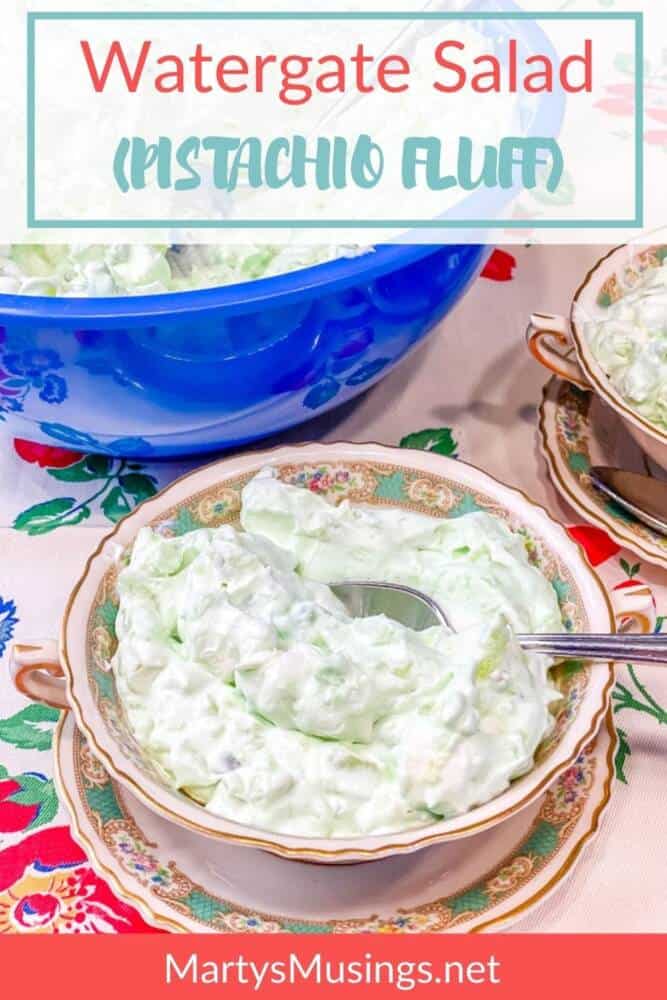 A bowl of green marshmallow salad on a plate, with Watergate salad