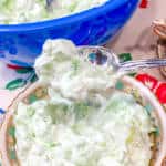 A bowl of food on a plate, with Watergate salad