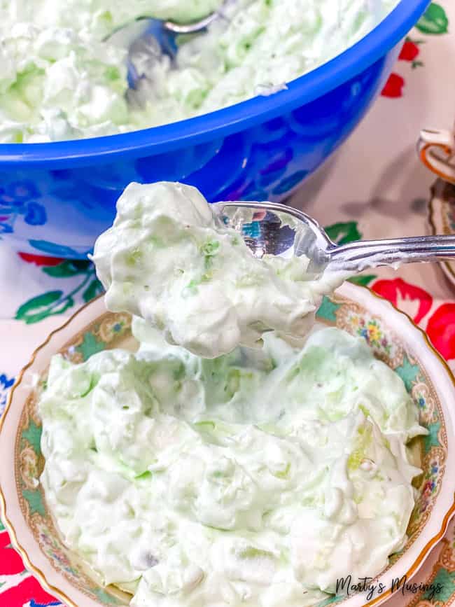 Pistachio Fluff salad in vintage bowl and spoon