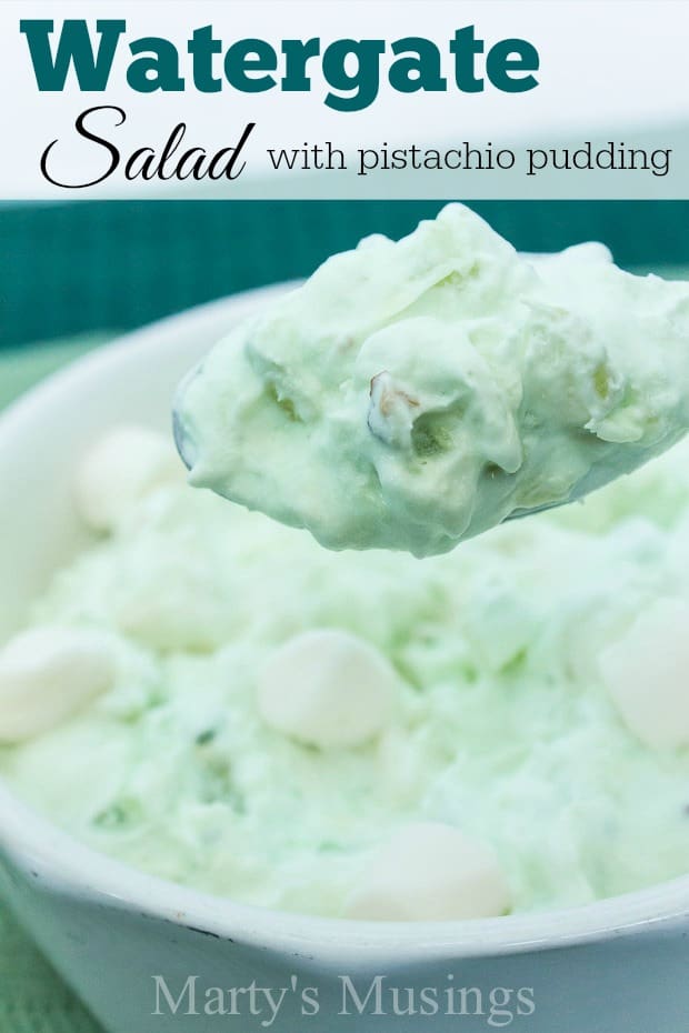 This easy and delicious Watergate Salad made with pistachio pudding, pineapple, whipped topping and marshmallows is a winner for potluck and family dinners.