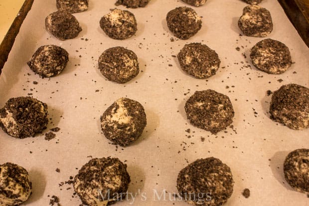 A pan of food on a counter, with Cookie