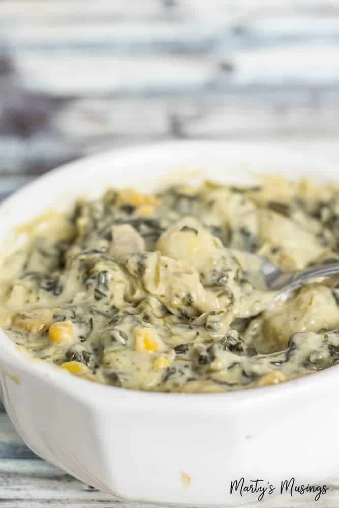 Chicken and gnocchi with spinach soup in a bowl