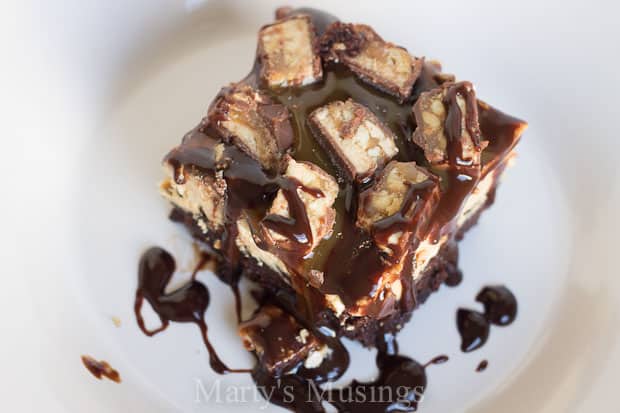 piece of Snickers Brownie Ice Cream Cake on plate - Marty's Musings