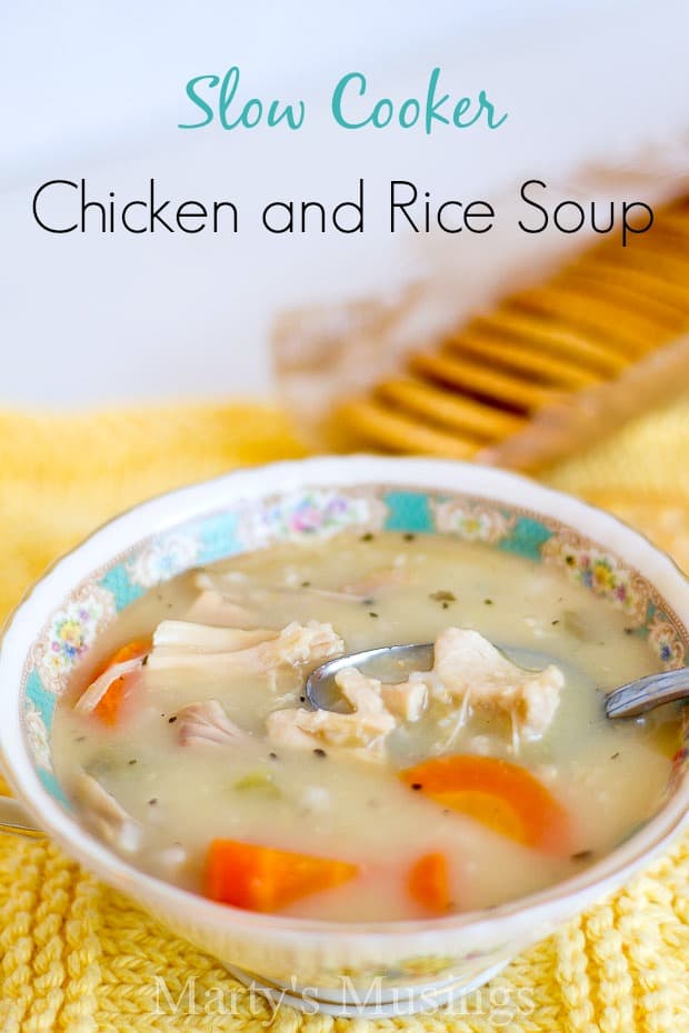 A bowl of soup and a spoon, with Slow cooker and Chicken and rice