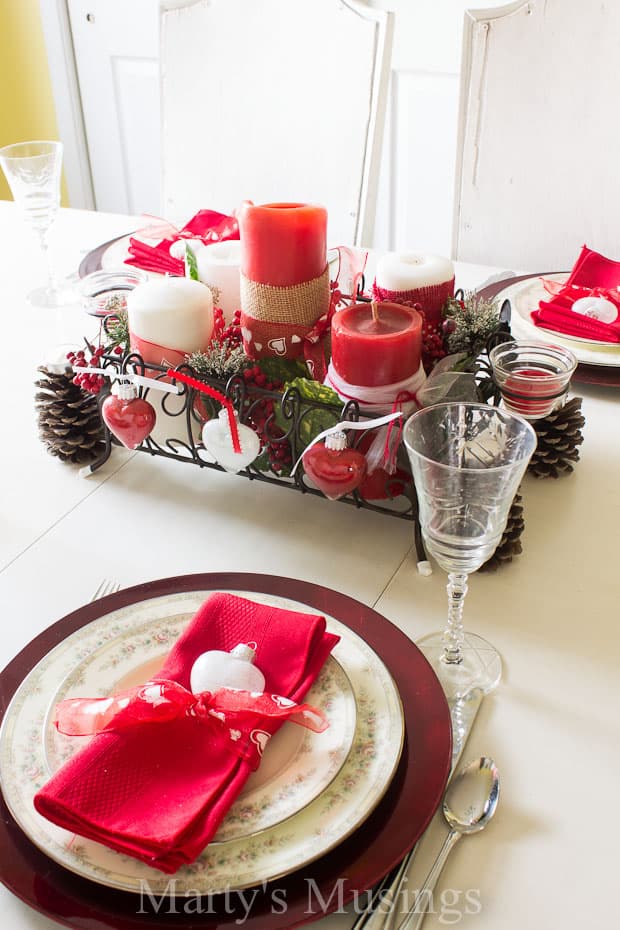 Table decorated with red and white for Valentine's Day