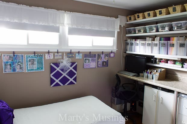 A bedroom with a large window