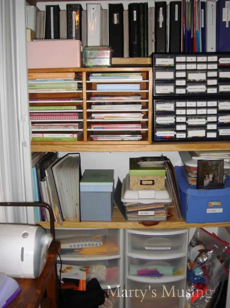 Closet filled with shelves and craft supplies