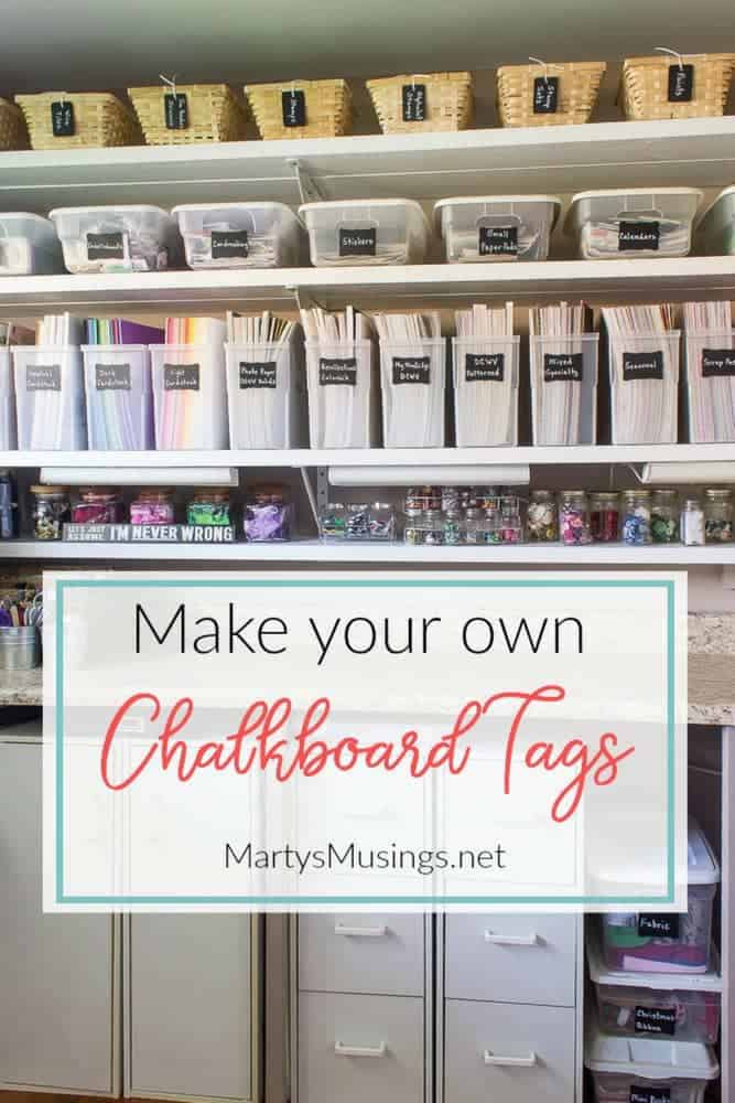 Make your own DIY chalkboard tags using scrapbook paper or spray paint. Easy way to organize every room in the house!