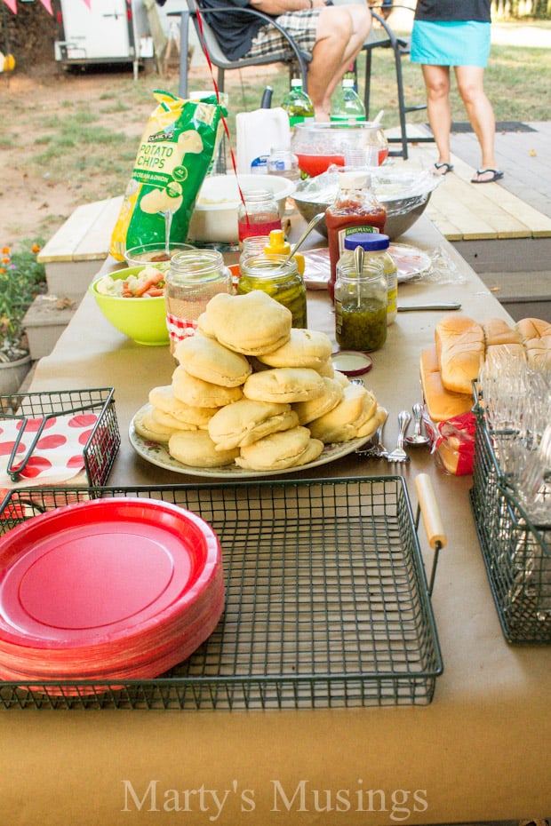 Food on a picnic table, with Party
