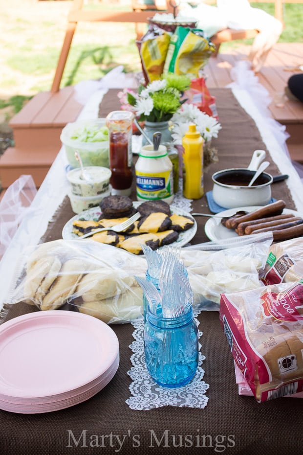 Food on a picnic table, with Party and Birthday