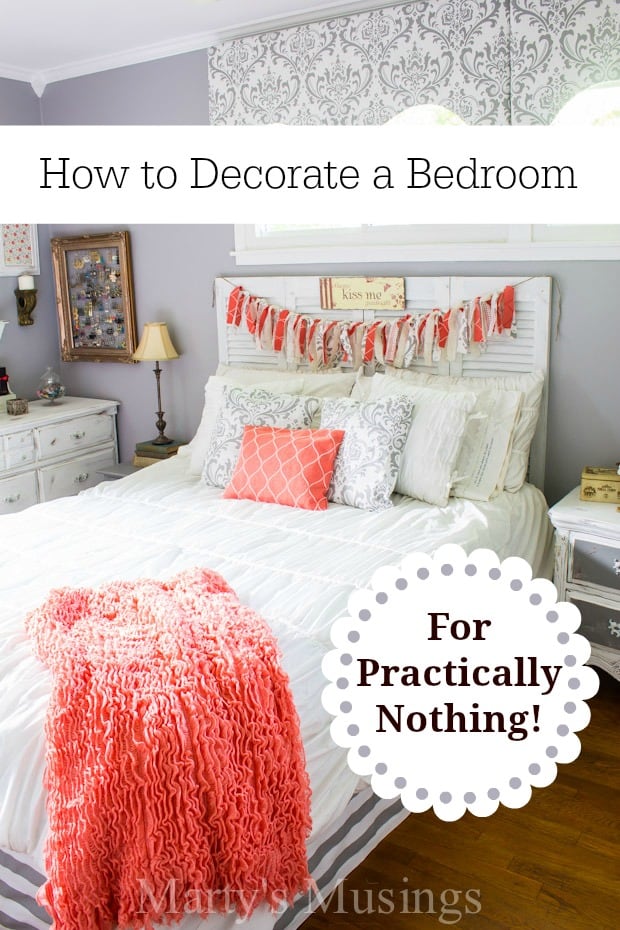 Learn how to decorate a bedroom for practically nothing using yard sale finds, thrifted decor and creative DIY projects.