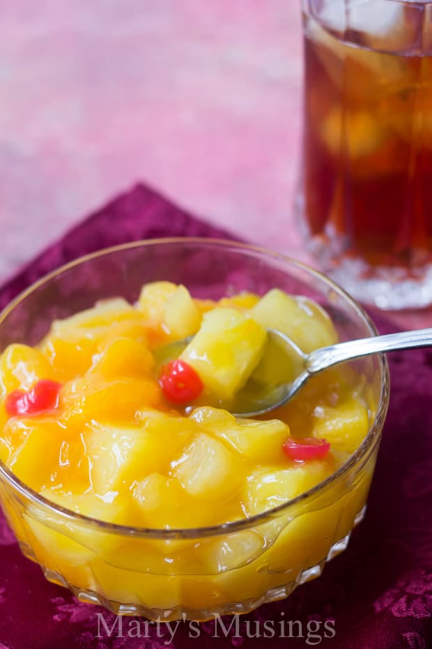 Canned fruit in a glass bowl