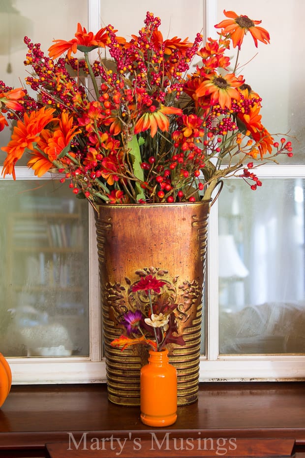 Filled with yard sale treasures, natural elements and repurposed accessories, blogger Marty's Musings shares easy fall decorating tips and tricks.