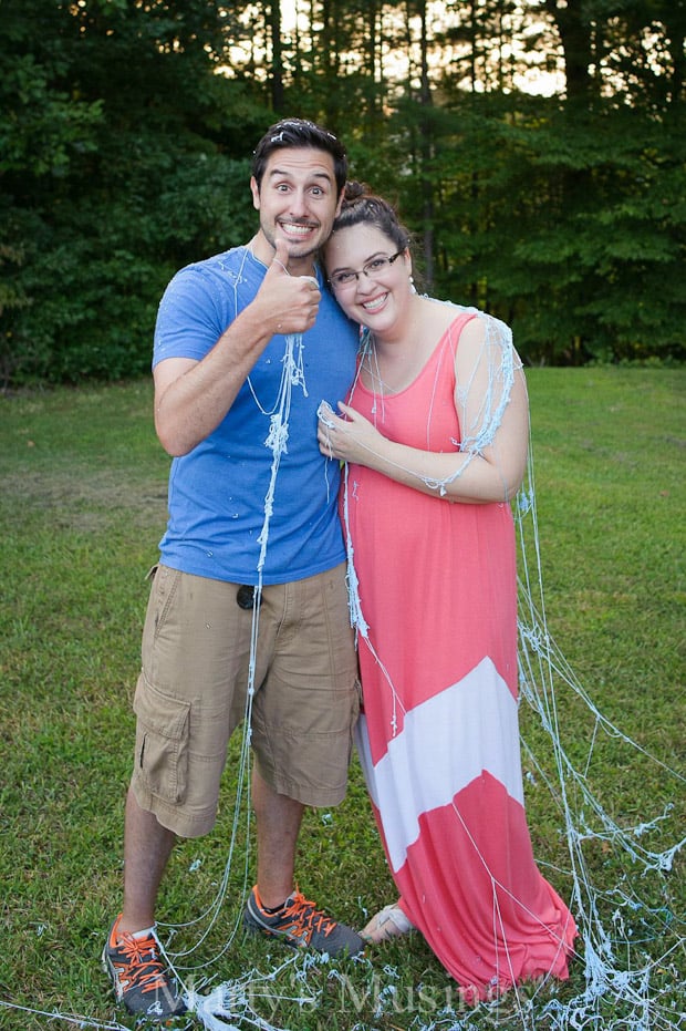 happy couple after baby gender reveal party