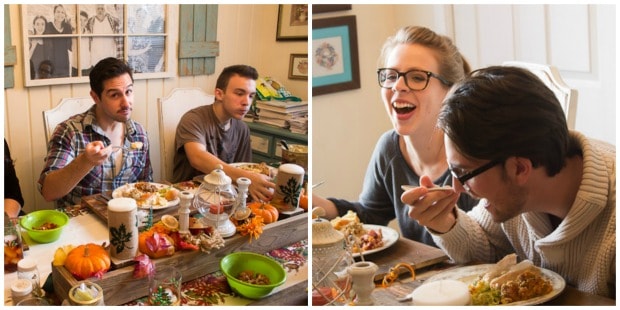 A group of people sitting at a table with food, with Holiday and Thanksgiving