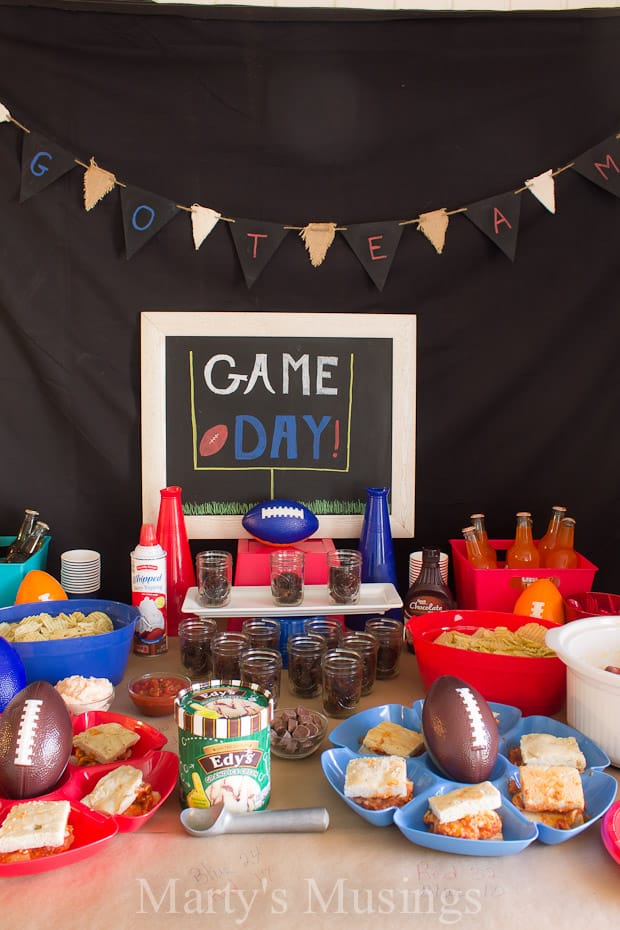 A table full of food, with Party and Fudge