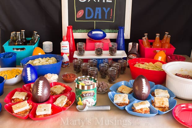 A tray of food on a table, with Party and Fudge