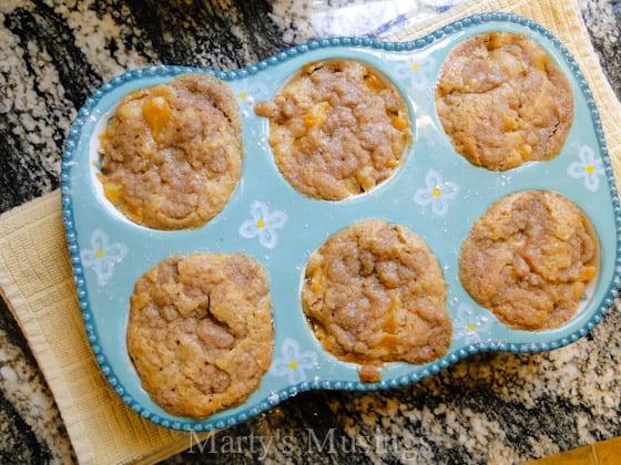 Canned or fresh peaches can be used to make these delicious Peach Cobbler Muffins from a terrific recipe by Joy the Baker. Great way to start the day!