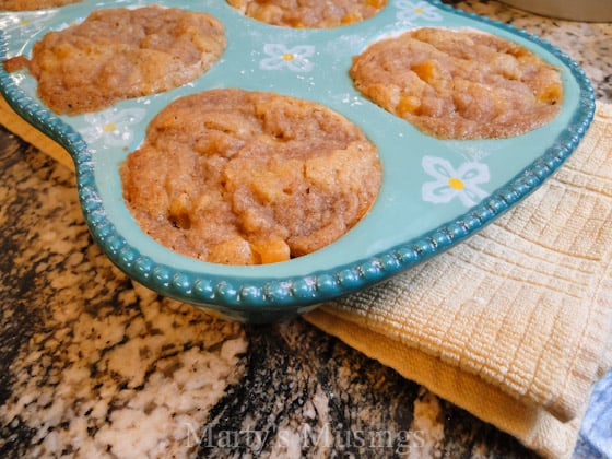 A plate of food on a table, with Muffin and Peach