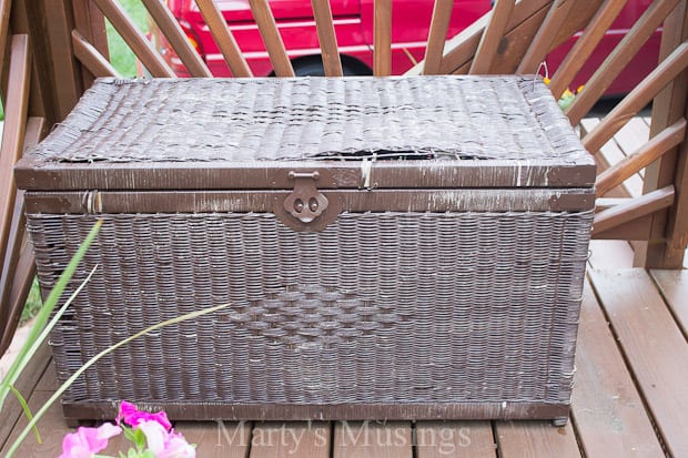 A wooden bench sitting in a basket