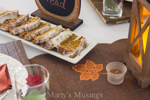 A tray of food on a table, with Pumpkin bread