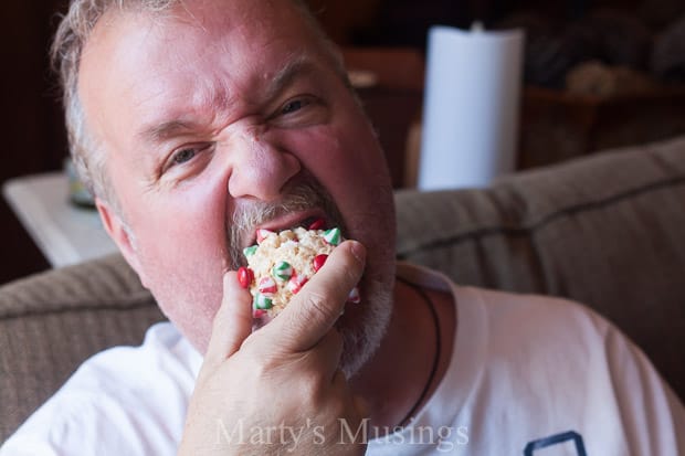 A person that is eating some food, with Ornament and Rice Krispies