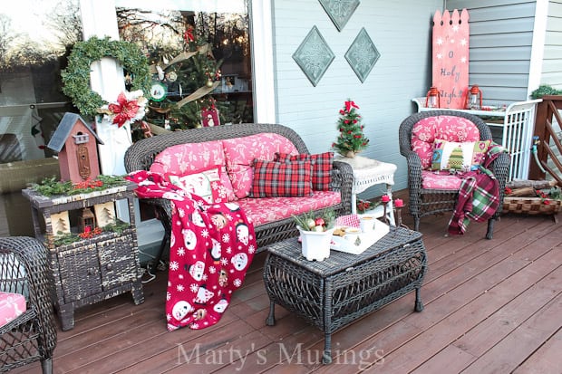 Tons of tips for using natural elements and thrifty, repurposed treasures for outside decorations without spending a lot of money or time. Ideas include a fence board sign, no sew pillows, yard sale treasures, dollar store ornaments with evergreens and berries.