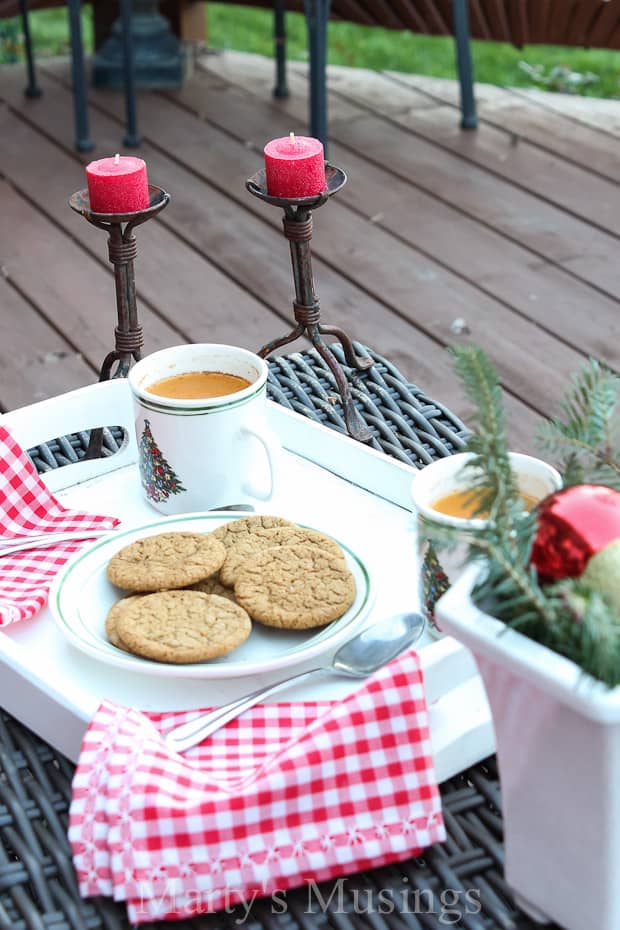 A bowl of food on a picnic table, with Deck and Yard