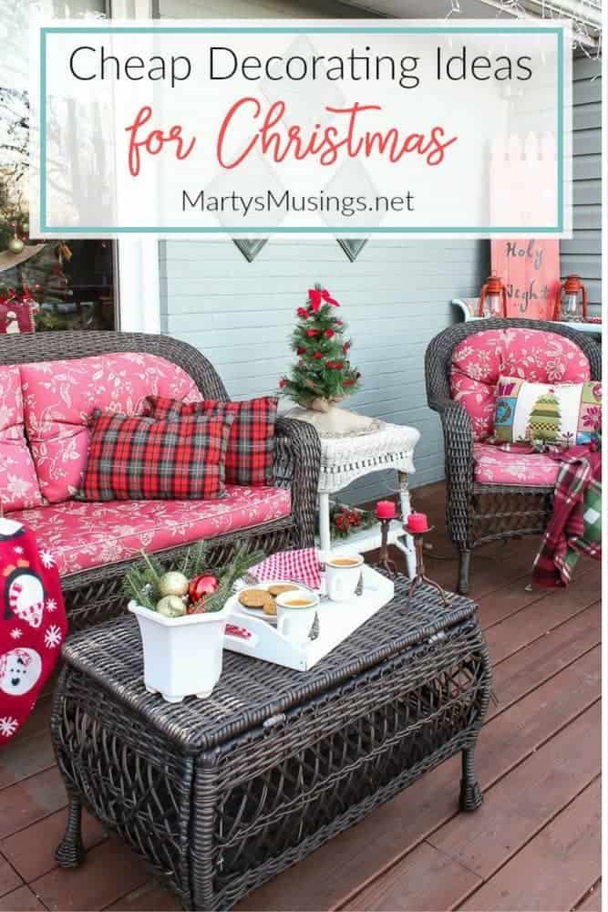 By using natural elements and thrifty yard sale, free and repurposed treasures these deck decorating ideas are inexpensive and perfect for Christmas.